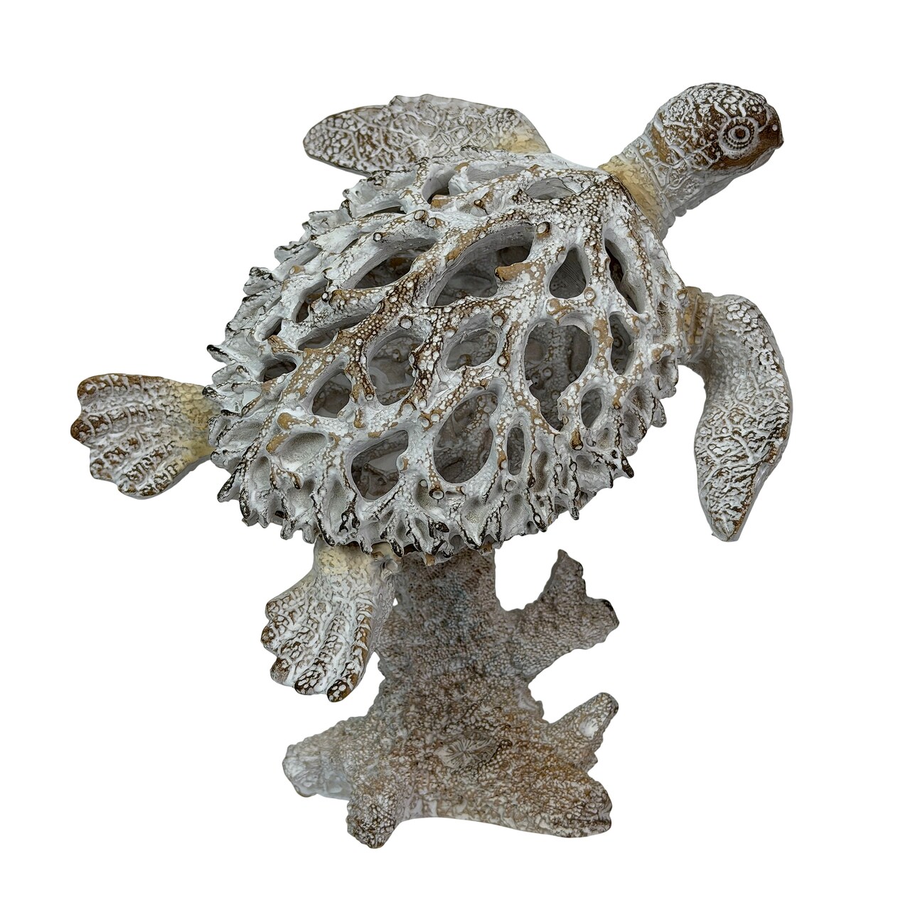 Sea Turtle Statue Whitewash Coral Look Polyresin Coastal Decor 7 in Tall